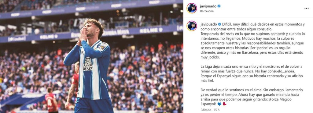 javi puado mensaje aficion espanyol descenso