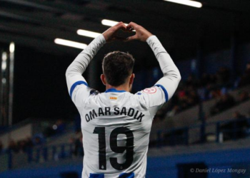 Omar Sadik celebrando uno de sus goles contra el Hércules CF. Foto de @mongay_photography